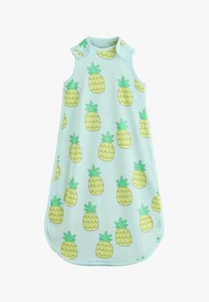 Ärmelloser hellblauer Babyschlafsack mit grünem und gelbem Ananasmuster und Druckknöpfen an den Schultern.