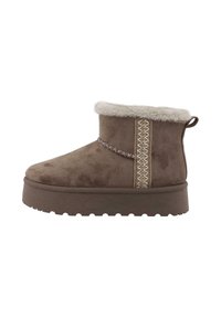 Brown suede ankle boot with a faux fur collar, featuring decorative stitching and a textured rubber sole for grip.