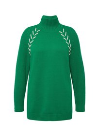 Maglioncino verde lavorato a maglia con colletto alto, caratterizzato da cuciture decorative bianche lungo le spalle e polsini e orlo a costine.