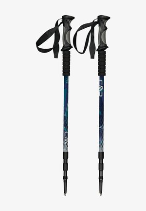 Bastones de senderismo plegables con empuñaduras de goma, ejes de patrones coloridos en azul verdoso y azul marino, que cuentan con longitud ajustable y correas para la muñeca.