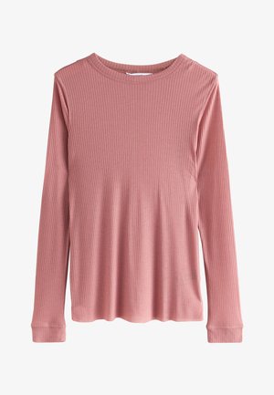 Camiseta de punto canalé de manga larga en rosa polvo con escote redondo y bajo recto.