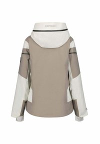 Beige-weiße Jacke mit Kapuze, geprägt von einem gemischten Textur-, Farbblockdesign und schwarzen Akzenten an Schultern und Ärmeln.