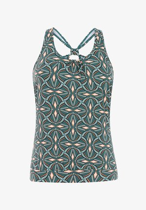 Mouwloos tanktopje met geometrische patronen in teal, perzik en zwart en een knoopdetail aan de achterkant van de halslijn.