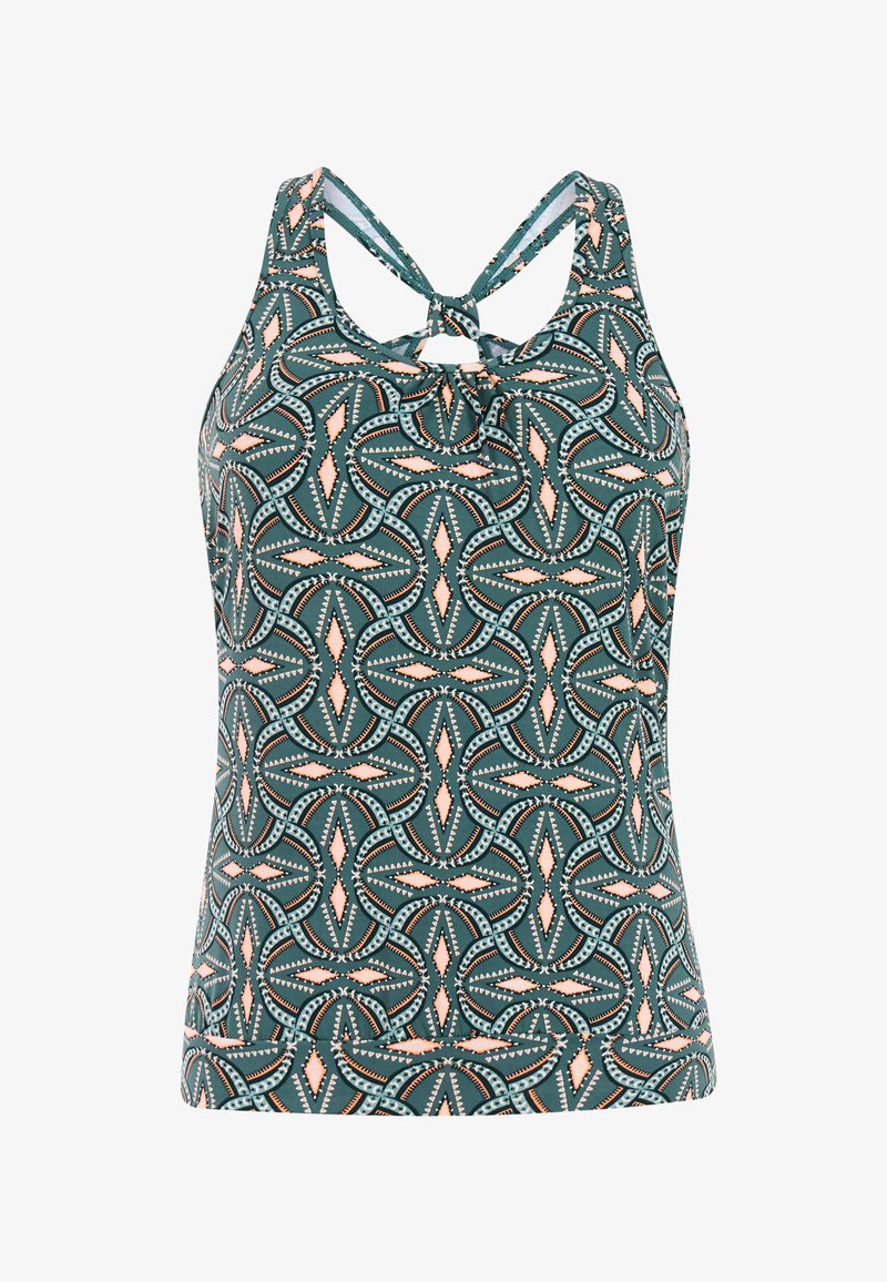 Mouwloos tanktopje met geometrische patronen in teal, perzik en zwart en een knoopdetail aan de achterkant van de halslijn.