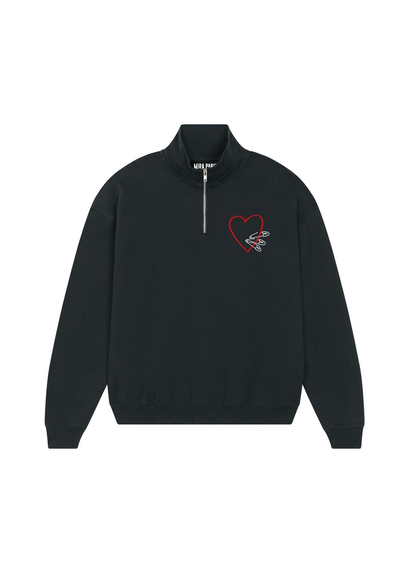 Sweat-shirt zippé noir avec col montant, arborant un cœur rouge et un design graphique simple. Confectionné dans un tissu doux et texturé. Poignets et ourlet côtelés.