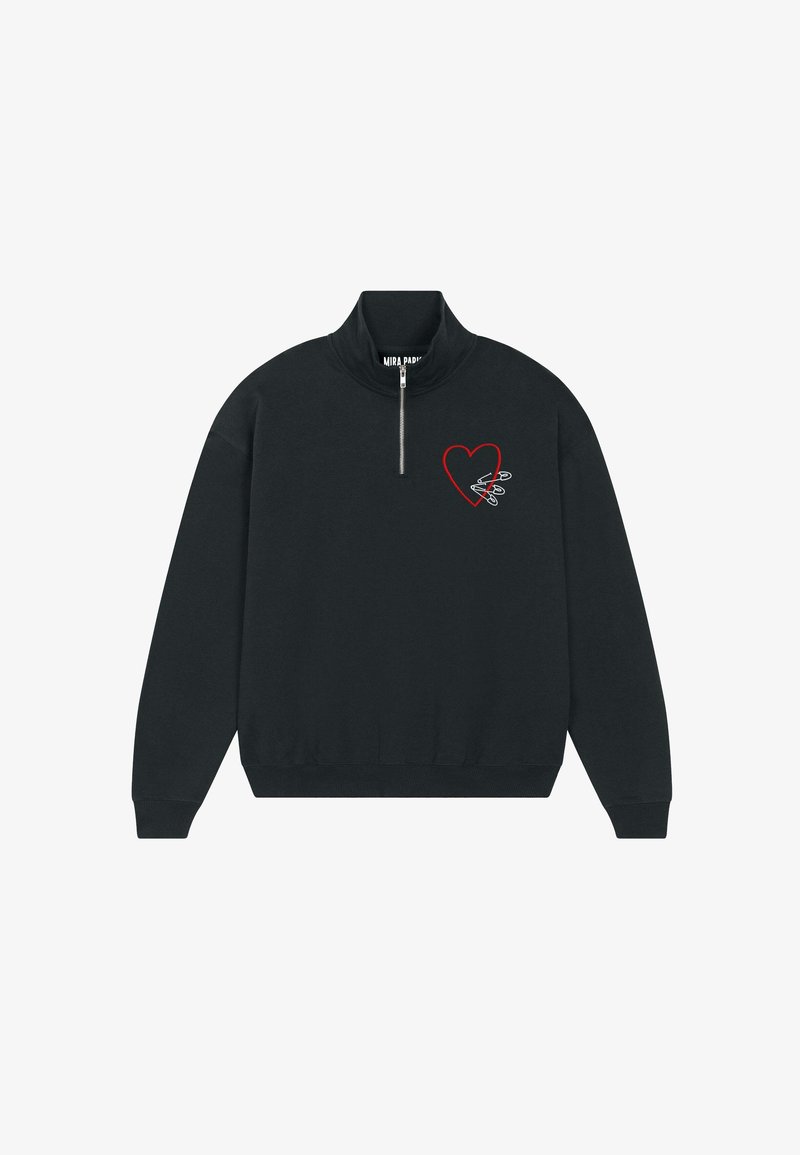 Zwarte sweatvest met ritssluiting en hoge kraag, met een rood hart en een eenvoudig grafisch ontwerp. Gemaakt van zachte, getextureerde stof. Geribbelde manchetten en zoom.