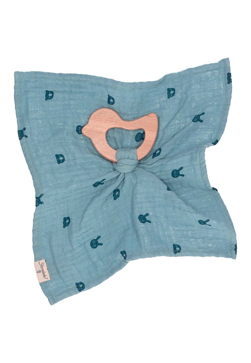 Tissu en muslin bleu clair avec de petits motifs de lapins bleu marine, noué au centre, avec une anse en bois en forme d'oiseau.