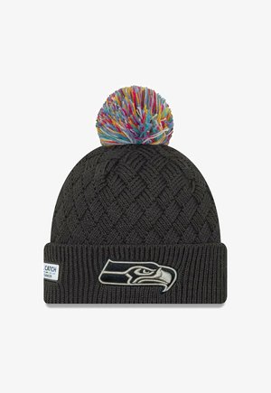 Schwarze Strickmütze mit buntem Pompon oben. Mit einem gewebten Muster und einem Logo-Patch, das den Kopf eines Vogels am Umschlag zeigt.
