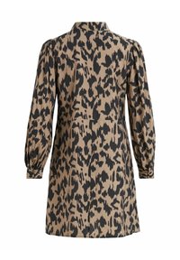 Vestido de estampado de leopardo en tonos marrones y negros, con mangas largas y cuello. Presenta mangas abullonadas gathered y una cintura ajustada.