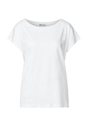 Weißes Baumwoll-T-Shirt mit lockerer Passform, weitem Rundhalsausschnitt und kurzen Ärmeln. Strukturierter Stoff ohne Muster oder Verzierungen.