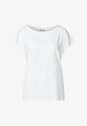 Biała bawełniana koszulka o luźnym kroju, szerokim dekolcie i krótkich rękawach. Teksturowana tkanina bez wzorów czy ozdób.