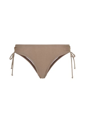 Bikini-bunn i glatt, elastisk stoff i en lys brun nyanse, med justerbare sidesnorer og et minimalistisk design.