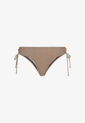 Bikini alaosa valmistatud siledast, elastsetest kangast heledas pruunis varjundis, millel on kohandatavad küljetõmblused ja minimalistlik disain.