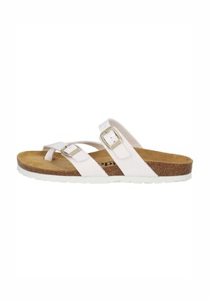 Chanclas blancas con dos correas ajustables con hebilla, plantilla de corcho y suela de goma blanca. Plantilla texturizada para agarre y comodidad.