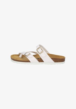 Chanclas blancas con dos correas ajustables con hebilla, plantilla de corcho y suela de goma blanca. Plantilla texturizada para agarre y comodidad.