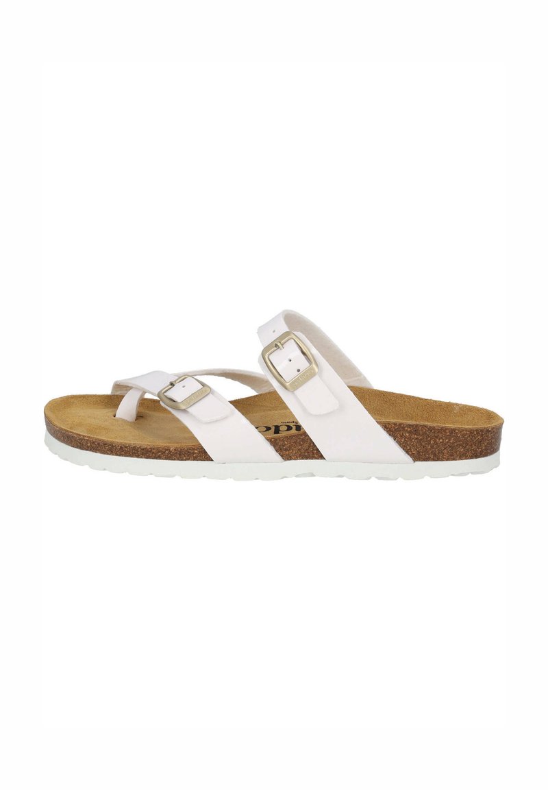 Sandali infradito bianchi con due cinturini regolabili a fibbia, suola in sughero e suola in gomma bianca. Suola testurizzata per grip e comfort.