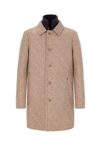 Cappotto in misto lana beige con motivo a spina di pesce, chiusura con bottoni e colletto blu navy. Presenta due tasche laterali e una vestibilità dritta.