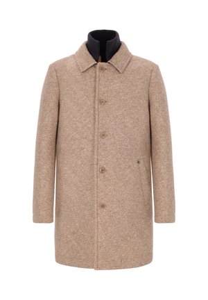 Cappotto in misto lana beige con motivo a spina di pesce, chiusura con bottoni e colletto blu navy. Presenta due tasche laterali e una vestibilità dritta.