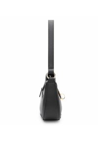 Schwarze Lederhandtasche mit einer strukturierten dreieckigen Form. Verfügt über einen langen Schulterriemen, goldene Beschläge und eine strukturierte Oberfläche.