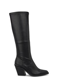 Bota negra hasta la rodilla hecha de material suave, con punta afilada y tacón grueso que presenta una forma geométrica distintiva. Sin patrones visibles.