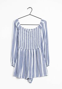 Sininen raidallinen haalari pitkät hihat, jossa on neliömainen kaula-aukko, rypytetty yläosa ja leveä hame. Valmistettu kevyestä kankaasta.