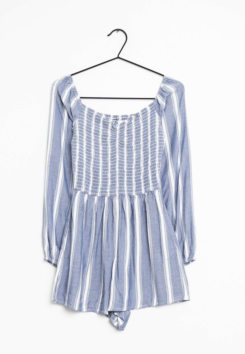 Sininen raidallinen haalari pitkät hihat, jossa on neliömainen kaula-aukko, rypytetty yläosa ja leveä hame. Valmistettu kevyestä kankaasta.