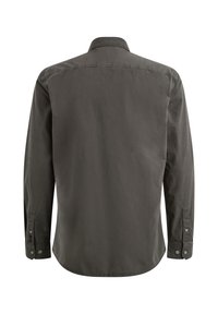 Camicia a maniche lunghe in tessuto grigio scuro, con colletto classico, polsini con bottone e una texture liscia con un design a tinta unita.
