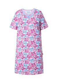 Noční košile s krátkými rukávy v světle modré barvě s růžovým a modrým květinovým vzorem, s výstřihem do V a měkkým materiálem pro pohodlí.