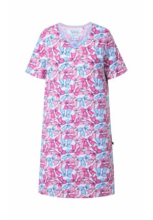 Noční košile s krátkými rukávy v světle modré barvě s růžovým a modrým květinovým vzorem, s výstřihem do V a měkkým materiálem pro pohodlí.