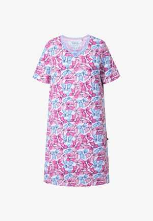 Koszula nocna z krótkim rękawem w jasnoniebieskim kolorze z różowo-niebieskim kwiatowym wzorem, z dekoltem w serek i miękką tkaniną dla wygody.