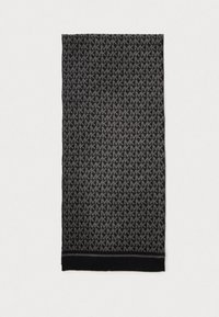 Écharpe en tricot avec un motif répétitif en gris foncé et noir. Le bord inférieur est orné d'un bord côtelé noir uni. Matériau doux, forme rectangulaire.