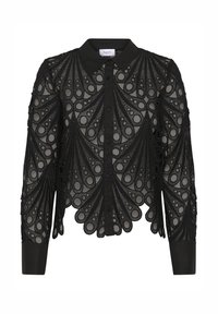 Black sheer blouse with intricate lace detailing, featuring open and closed circular patterns, a classic collar, and button front closure.