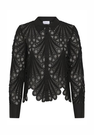 Schwarze transparente Bluse mit kunstvollen Spitzen-Details, die offene und geschlossene kreisförmige Muster aufweist, einen klassischen Kragen hat und mit einer Knopfleiste geschlossen wird.