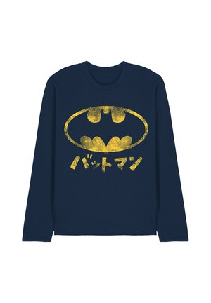 Navy blue long-sleeve shirt with a large worn yellow Batman logo and Japanese text below the emblem.