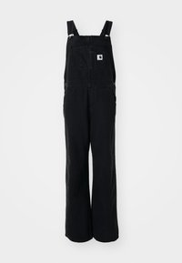 Schwarze Denim-Latzhose mit weitem Bein, verstellbaren Trägern, einer V-Tasche und einem Logo-Patch auf der Brust. Robuster Stoff mit matter Oberfläche.