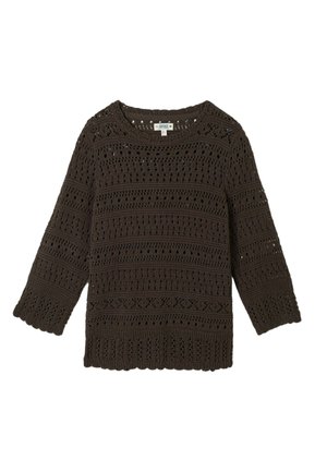 Dark brown crochet knit sweater with three-quarter sleeves and scalloped edges at hem and cuffs.