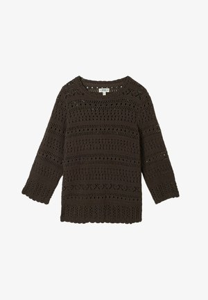 Pull en maille crochet marron foncé avec manches trois-quarts et bords festonnés à l'encolure et aux poignets.