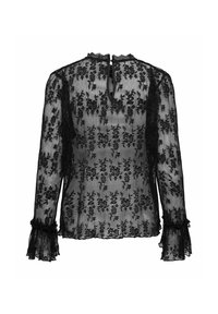 Černá krajková blůza s dlouhými rukávy, zdobená květinovými vzory, volánovými manžetami a otvorem ve tvaru klíče na zadní straně. Poloprůhledná textilie.