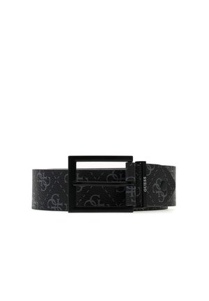 Cintura in pelle nera con loghi grigio scuro a motivo e fibbia quadrata in metallo nera, etichettata con il nome del marchio Guess sull'asola.