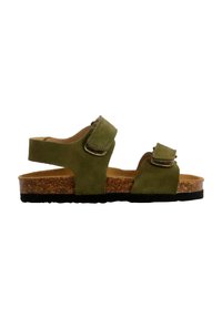 Sandalia de ante verde con dos correas ajustables, suela de corcho y una suela de goma negra. Diseño abierto para transpirabilidad y comodidad.
