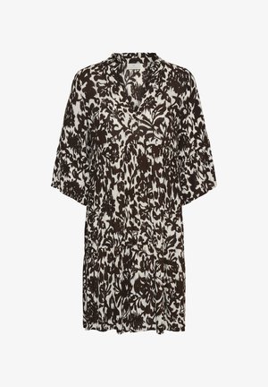 Mustvalge lillemustriga kleit, millel on V-kaelus, laiad kolmveerandvarrukad ja kihiline, lõdvestunud põlvpikkus.