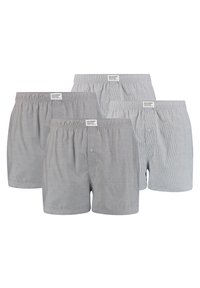 Graue Boxer-Shorts im Viererpack, mit elastischem Bund, Knopfverschluss und horizontalem Streifenmuster. Baumwollstofftextur.