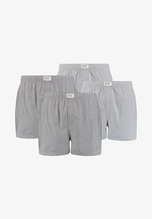 Graue Boxer-Shorts im Viererpack, mit elastischem Bund, Knopfverschluss und horizontalem Streifenmuster. Baumwollstofftextur.