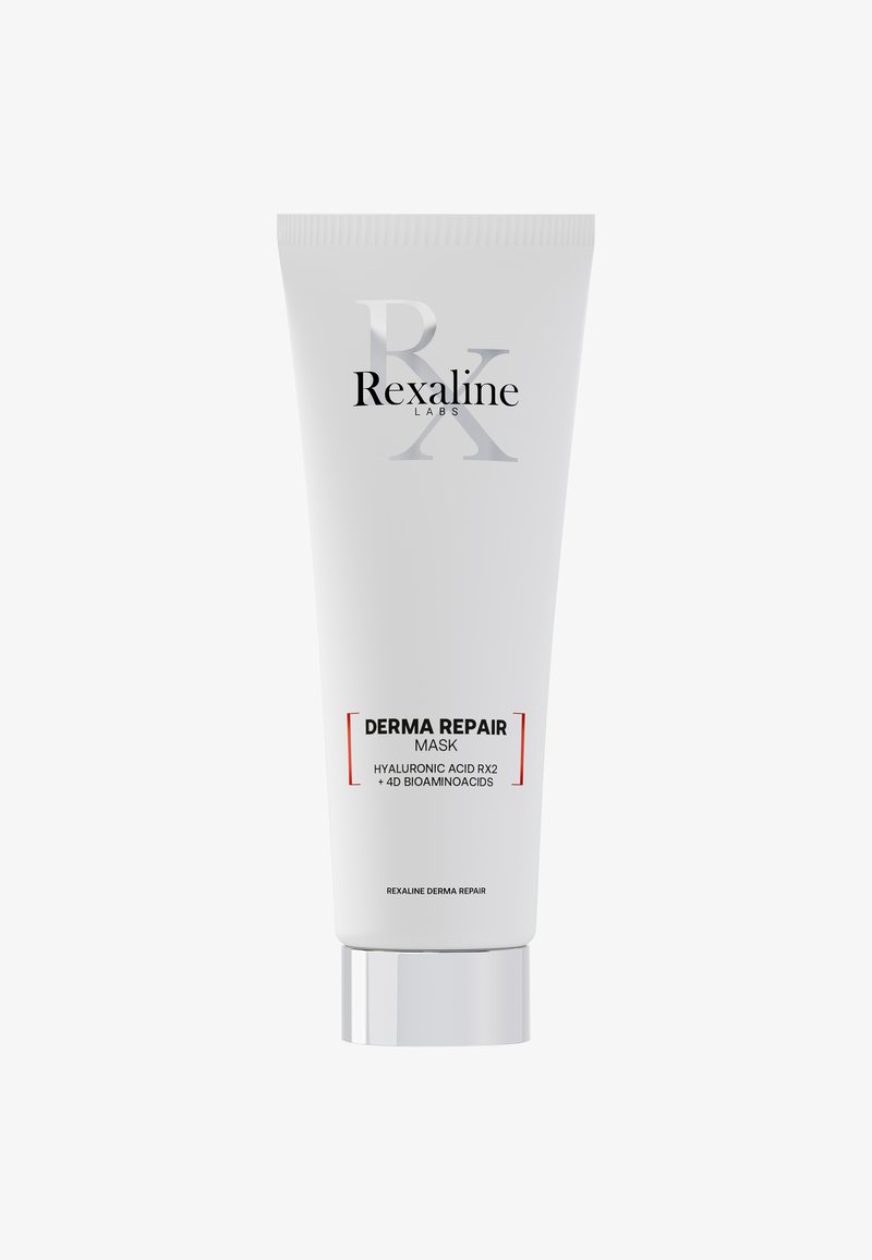 Rexaline Labs Derma Repair Maske Tube mit Hyaluronsäure RX2 und 4D Bioamino-Säuren, weiße Verpackung mit silbernem Deckel.