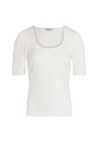 Biała prążkowana koszulka z krótkimi bufkami i wycięciem w kształcie falbanki przy kwadratowym dekolcie. Prosty design, miękka tekstura i dopasowany kształt.