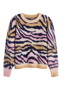 Jersey de punto con un patrón de rayas de tigre en tonos marrón, navy y rosa, con cuello redondo y puños y dobladillo acanalados. Textura suave.