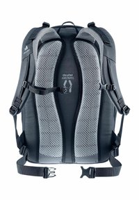 Mochila negra con soporte trasero de malla gris, correas ajustables y hebillas. Cuenta con áreas acolchadas para mayor comodidad y ventilación.