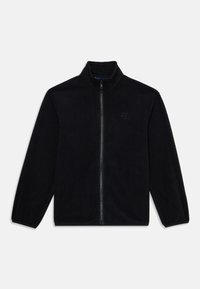 Giacca in pile nera con zip frontale completa, colletto rialzato, polsini elasticizzati e piccolo logo ricamato sul lato sinistro del petto.