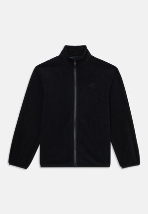 Zwarte fleece jas met volledige ritssluiting aan de voorkant, staande kraag, elastische manchetten en een klein geborduurd logo op de linkerborst.