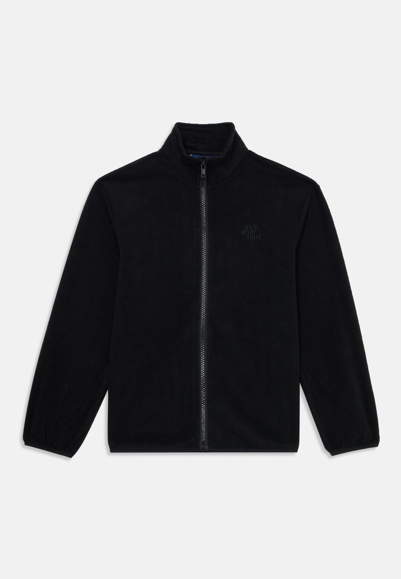 Giacca in pile nera con zip frontale completa, colletto rialzato, polsini elasticizzati e piccolo logo ricamato sul lato sinistro del petto.